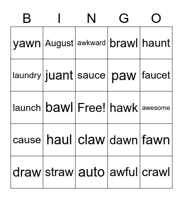 Diphthong AU, AW Bingo Card