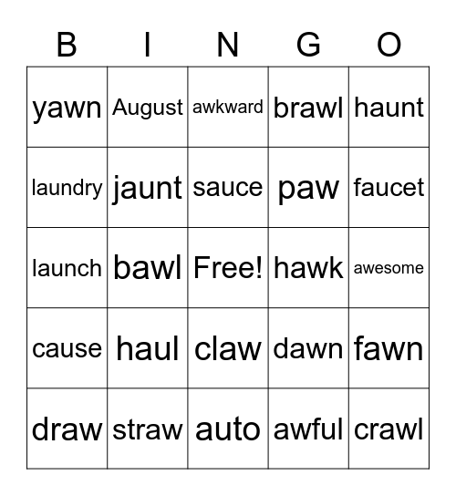 Diphthong AU, AW Bingo Card