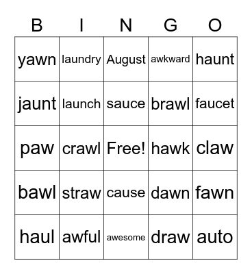 Diphthong AU, AW Bingo Card