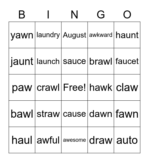 Diphthong AU, AW Bingo Card