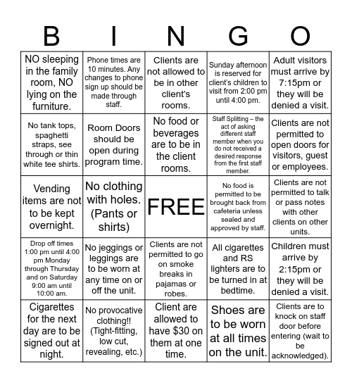 Unit Guidelines Bingo Card