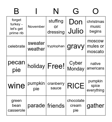 Honciano Thanksgiving 2020 Bingo Card
