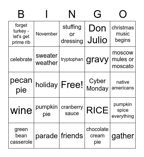 Honciano Thanksgiving 2020 Bingo Card