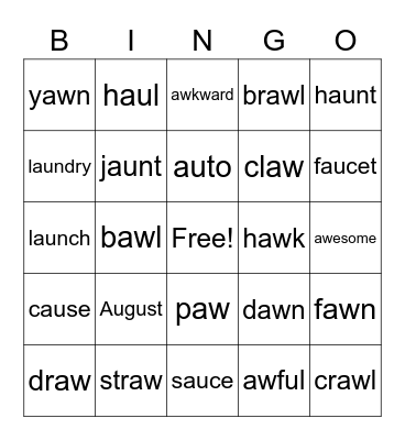 Diphthong AU, AW Bingo Card