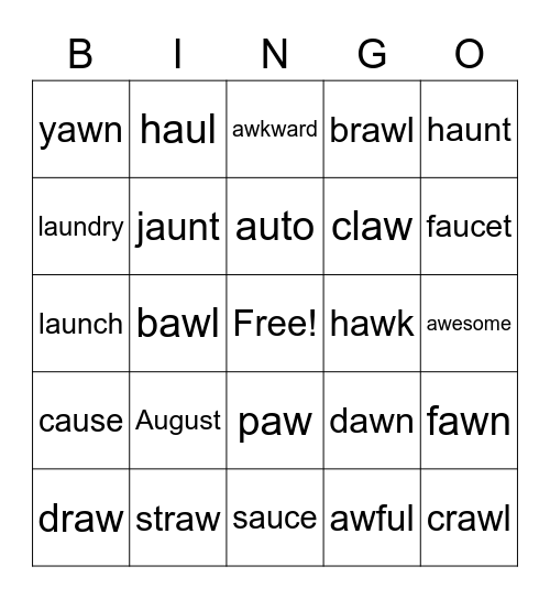 Diphthong AU, AW Bingo Card