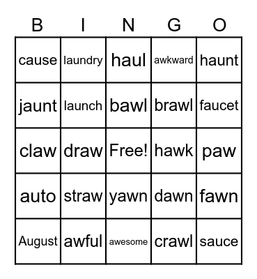 Diphthong AU, AW Bingo Card