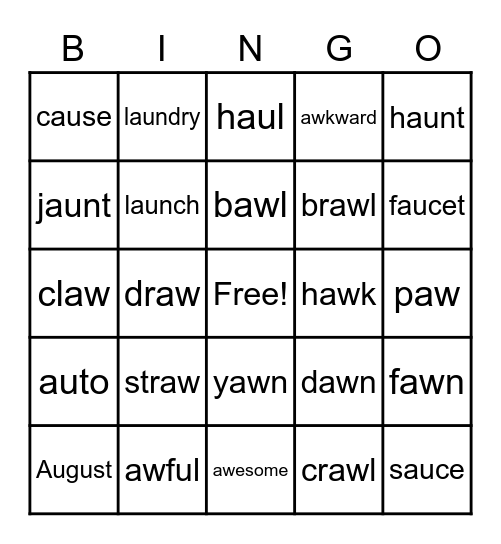 Diphthong AU, AW Bingo Card