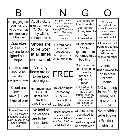 Unit Guidelines Bingo Card