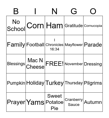 Children's Church Thanksgiving Bingo Card