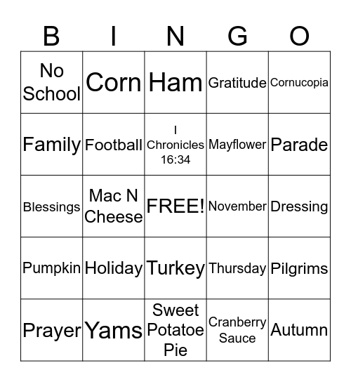Children's Church Thanksgiving Bingo Card