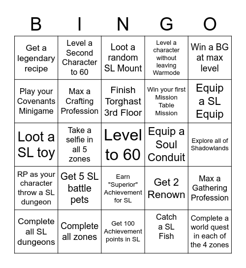 Shadowlands Bingo Card