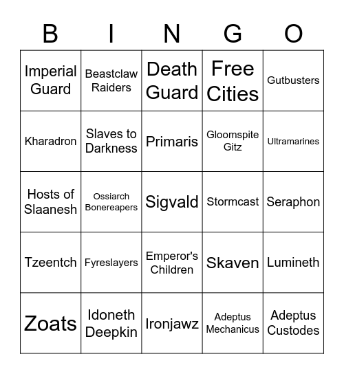 Warhammer Bingo Card