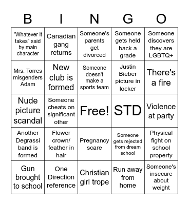 Degrassi Bingo Card