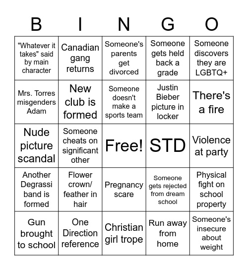 Degrassi Bingo Card