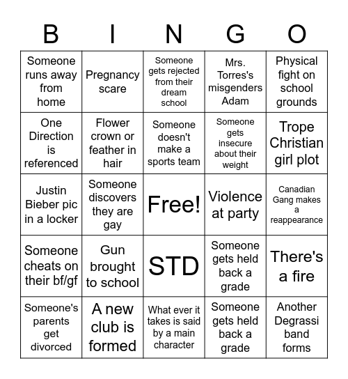 Degrassi Bingo Card