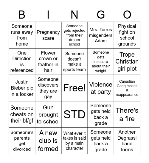 Degrassi Bingo Card