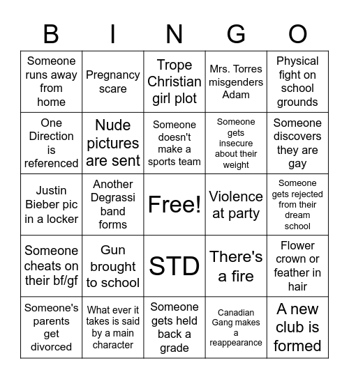 Degrassi Bingo Card