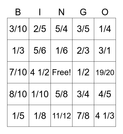 Comparing Fractions Bingo Card