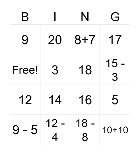 Math Facts BINGO Card