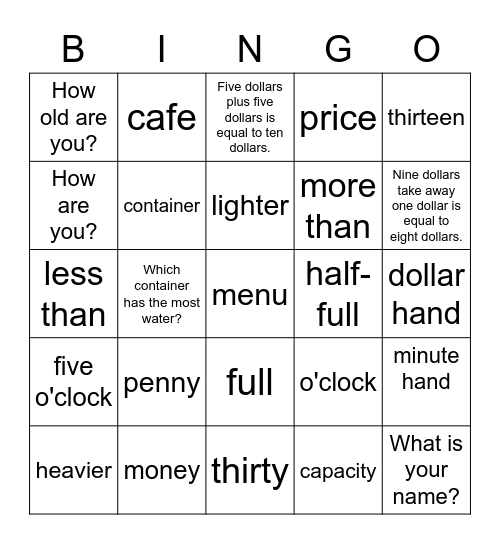 Revision for 100 Square, Capacity, Menu, Money and Other Stuff Bingo Card