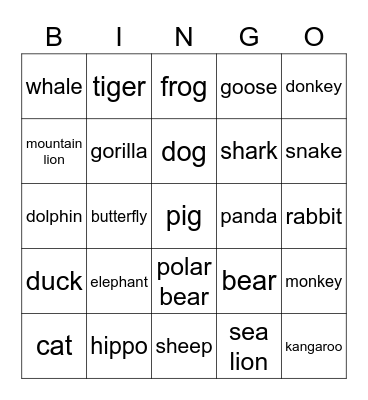 Animals Bingo Card