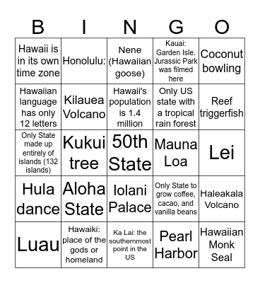 HAWAII Bingo Card
