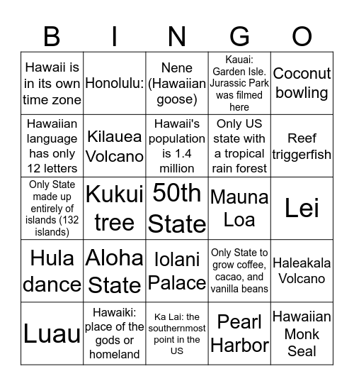 HAWAII Bingo Card