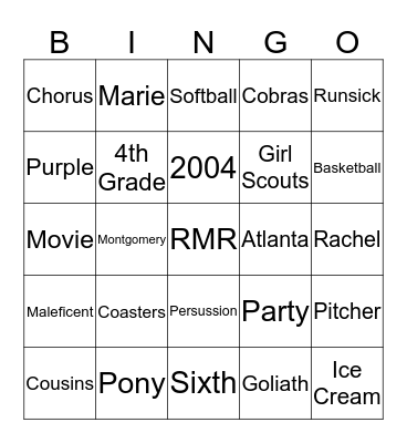 Rachel Bingo Card