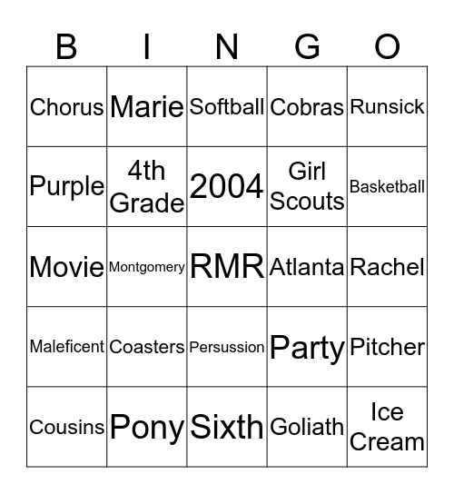 Rachel Bingo Card