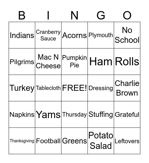 Children's Church Thanksgiving Bingo Card