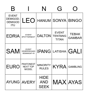 Dalton Bingo Card