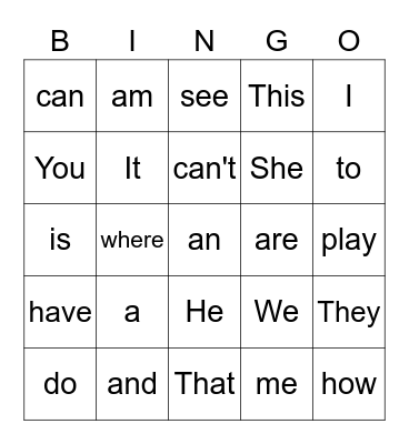 Sight Words Bingo Card