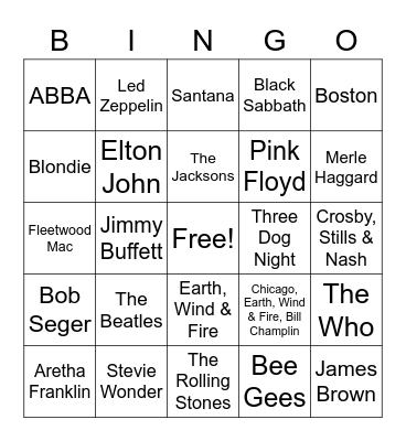 Popular 70's Artists Bingo Card