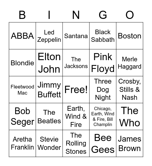 Popular 70's Artists Bingo Card