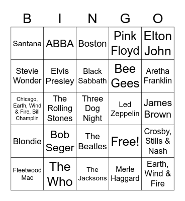 Popular 70's Artists Bingo Card