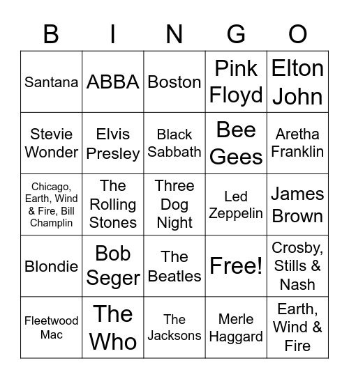 Popular 70's Artists Bingo Card