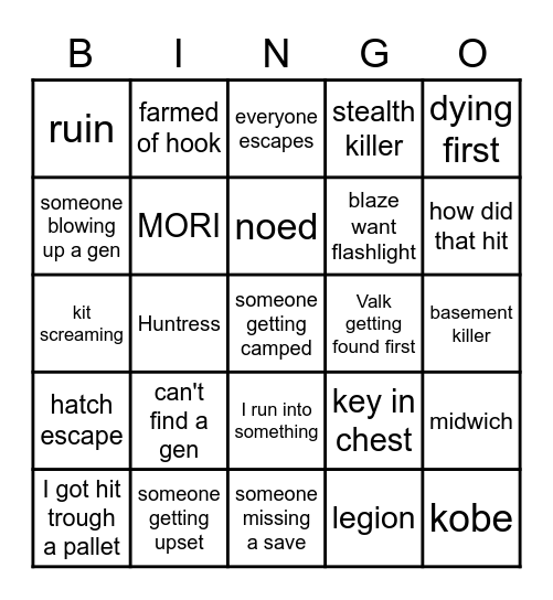 Dead by daylight Bingo Card