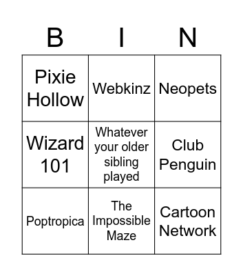 Childhood Online Games Bingo Card