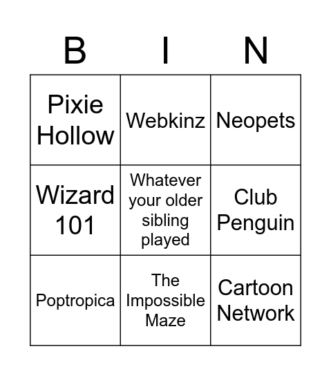 Childhood Online Games Bingo Card