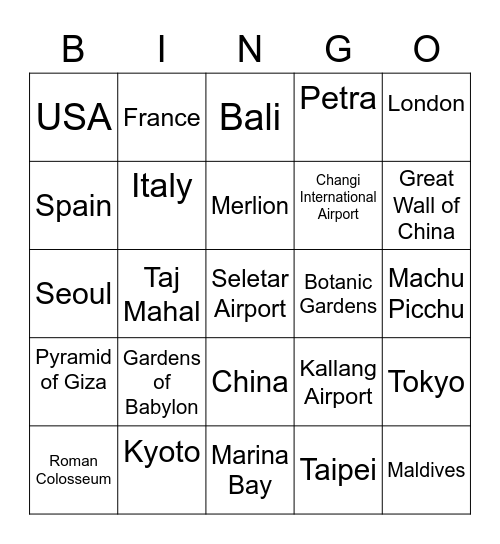 Travel Bingo Card Bingo Card