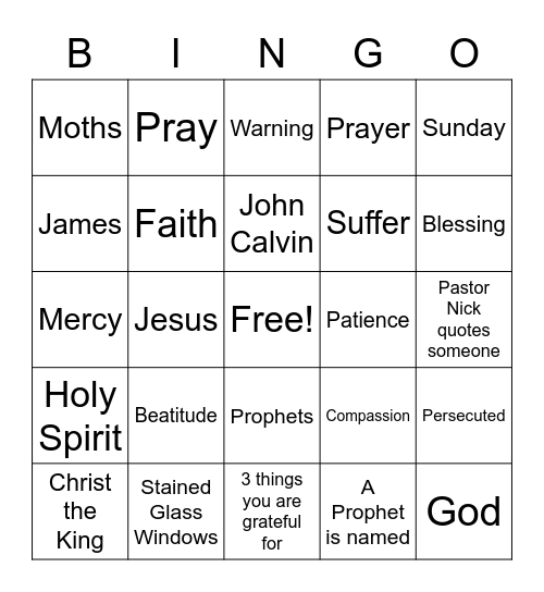 November 22nd Sermon Bingo Card