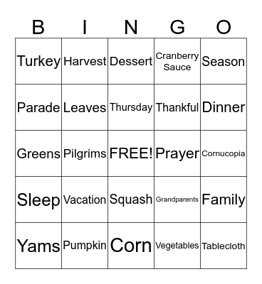 Children's Church Thanksgiving Bingo Card