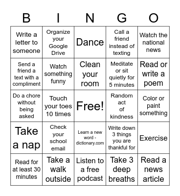 Winter Break Bingo Card