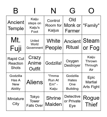 Toho Godzilla Movies Bingo Card