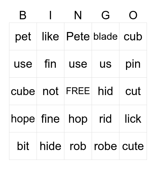 Silent -e Bingo Card