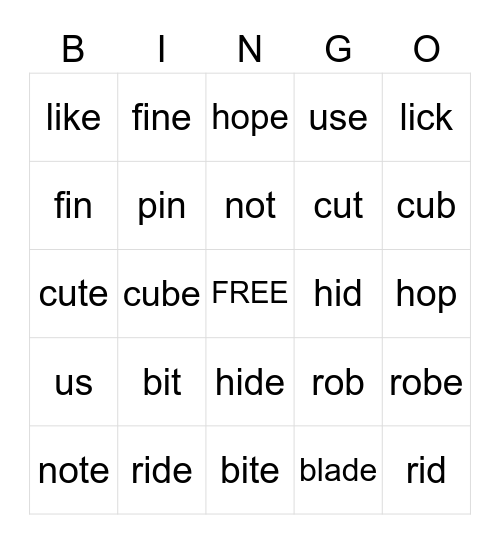 Silent -e Bingo Card