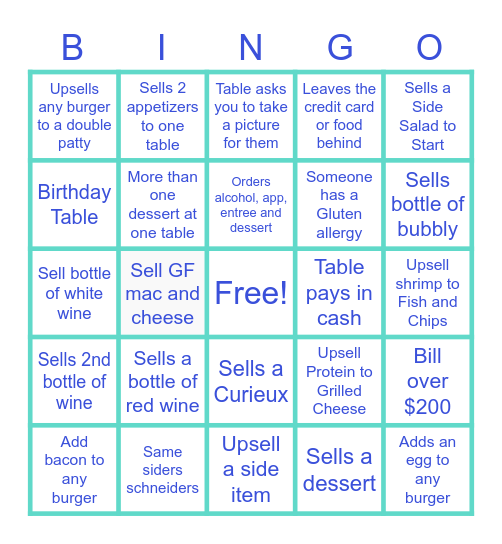 Nose Dive Bingo Night Bingo Card