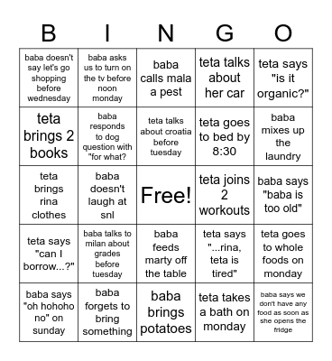 Baba and Teta Bingo Card