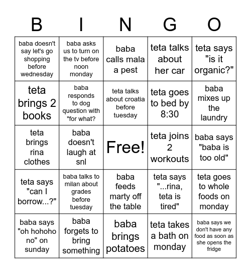 Baba and Teta Bingo Card