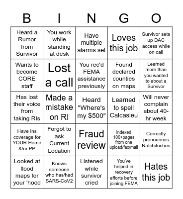 FEMA 2020 Bingo Card